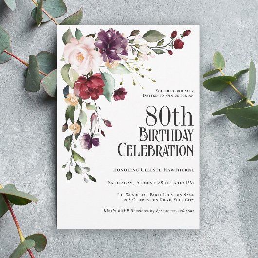 Invitation Boho Red Blush et Purple 80e fête d'anniversaire