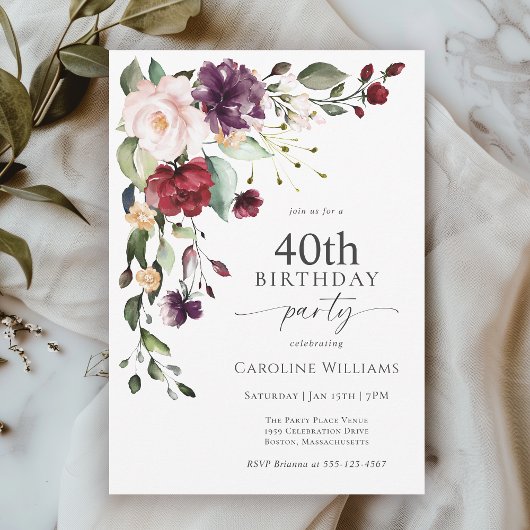 Invitation Boho Red et violet Floral 40e fête d'anniversaire