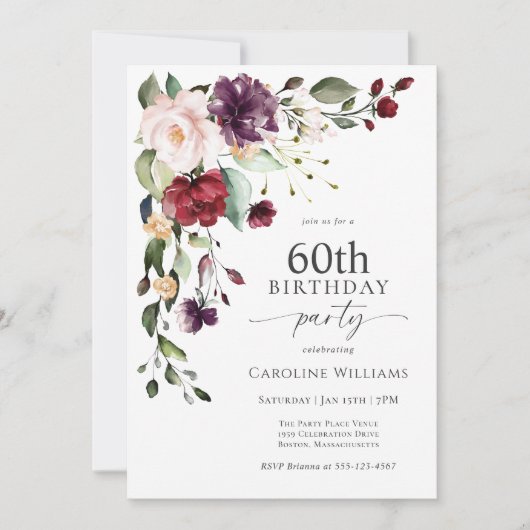 Invitation Boho Red et violet Floral 60e fête d'anniversaire (Devant)