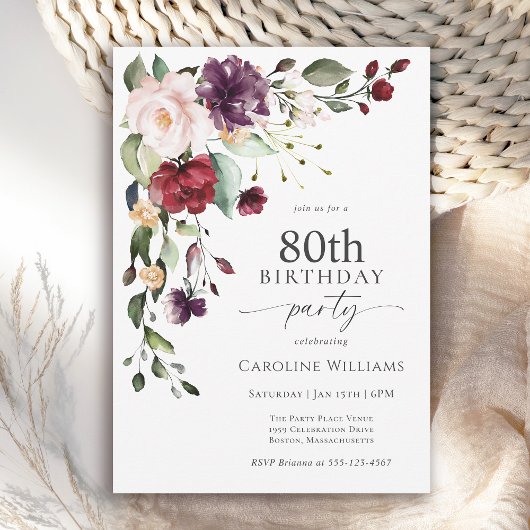 Invitation Boho Red et violet Floral 80e fête d'anniversaire
