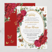 Invitation Boho Red Peonies Floral Butterflies 18e anniversai (Devant / Derrière)