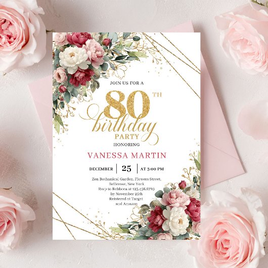 Invitation Boho Red White Greenery 80th Birthday Invite