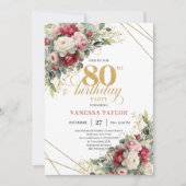 Invitation Boho Red White Greenery 80th Birthday Invite (Devant)