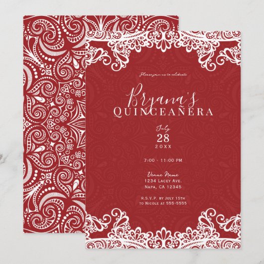 Invitation Boho Red White Lace Bold 15ème 15 Quinceañera Part (Devant / Derrière)