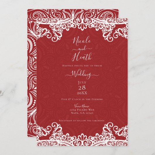 Invitation Boho Red & White Lace Bold Motif Mariage (Devant / Derrière)
