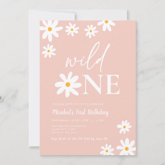 Invitation Boho Retro Blush Pink Daisy Wild Un 1er anniversai (Devant)