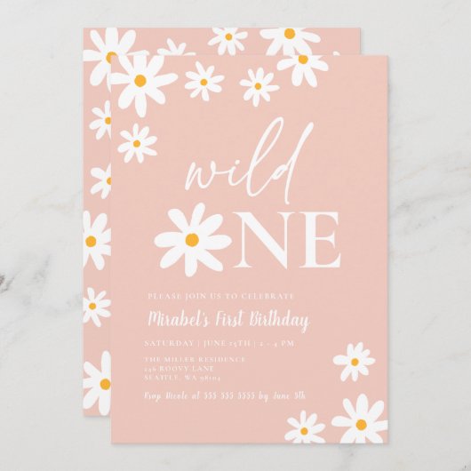 Invitation Boho Retro Blush Pink Daisy Wild Un 1er anniversai (Devant / Derrière)