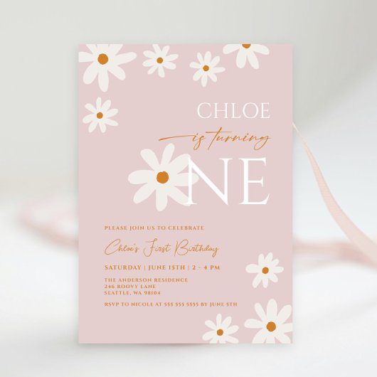 Invitation Boho Retro Blush Rose Daisy Girl Premier anniversa