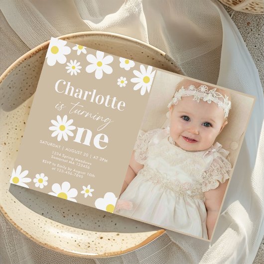 Invitation Boho Retro Daisy 1er Anniversaire Photo