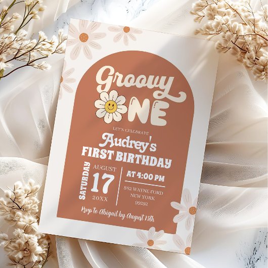 Invitation Boho Rétro Daisy Groovy Premier Anniversaire