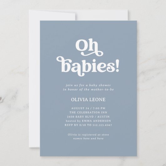 Invitation Boho Retro Dusty Blue | Baby shower jumeaux (Devant)