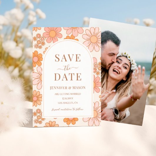 Invitation Boho Retro Orange Daisy Floral Enregistrer La Date