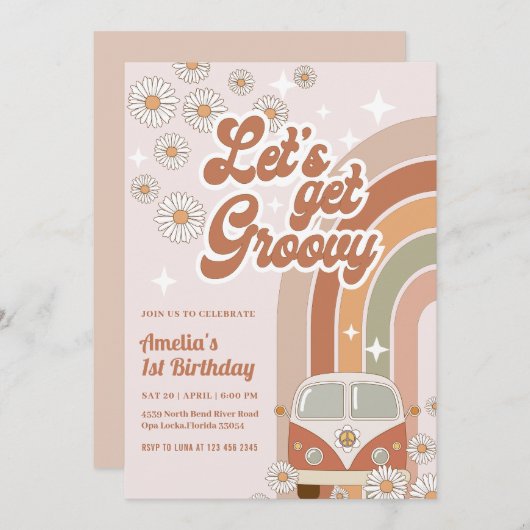 Invitation Boho Retro Super Hippie Floral 70's Anniversaire (Devant / Derrière)