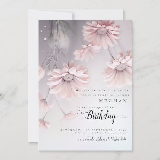 Invitation Boho Rêveuse Fleurs d'anniversaire en Rose (Devant)