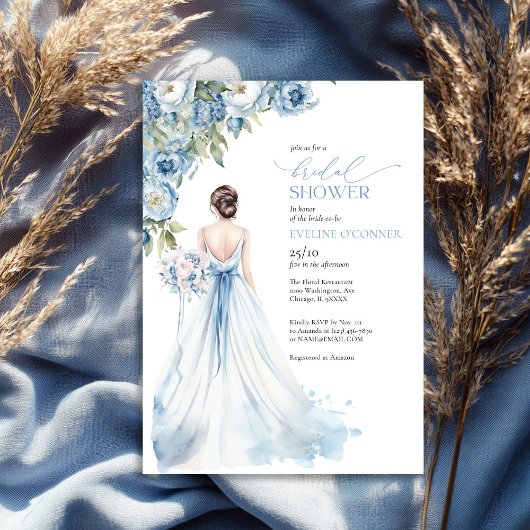 Invitation Boho Romantic Peonies duveteux bleu nuptiale douch