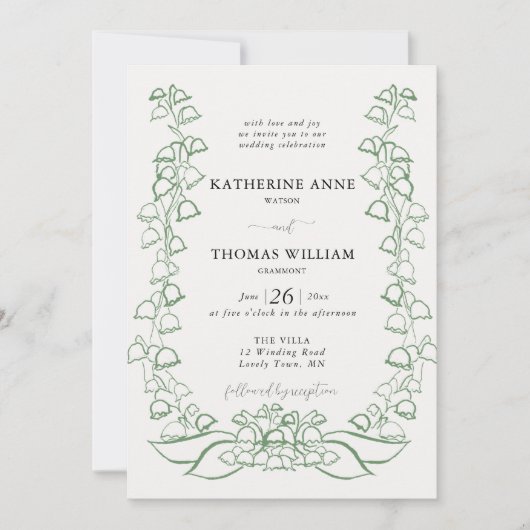 Invitation Boho Romantic Sketch Green Lily Valley Mariage (Devant)
