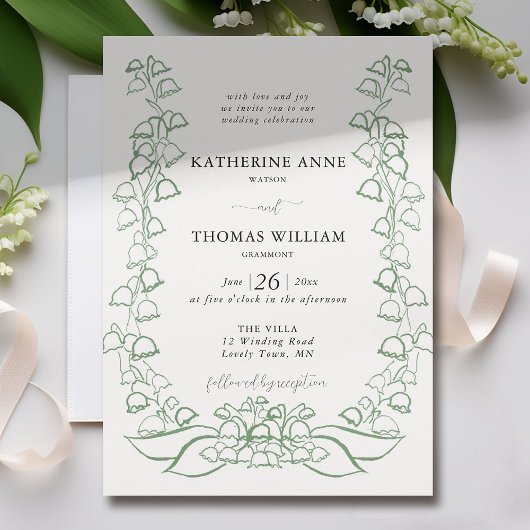 Invitation Boho Romantic Sketch Green Lily Valley Mariage