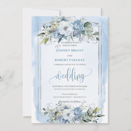 Invitation Boho romantique Pastel Bleu Blanc Fleurs d'argent (Devant)