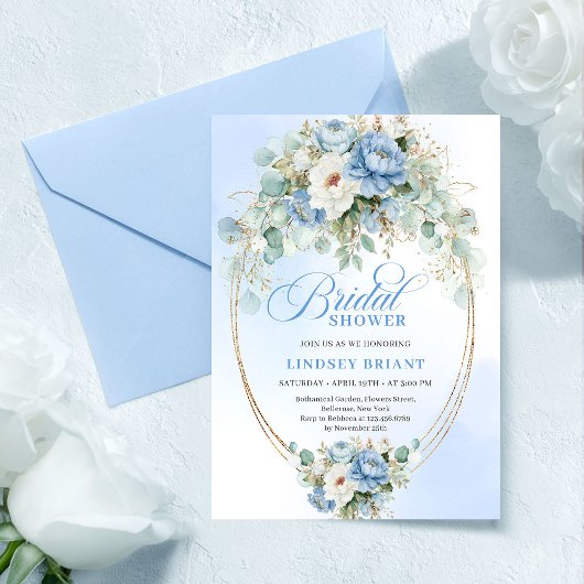 Invitation Boho Romantique Pastel Bleu Pivoine Or Fête de Mar