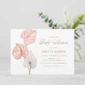 Invitation Boho rose Aquarelle Anthuriums Baby shower Or (Debout devant)