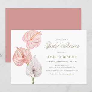 Invitation Boho rose Aquarelle Anthuriums Baby shower Or