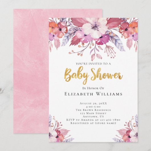 Invitation Boho rose Aquarelle Fleurs Baby shower fille (Devant / Derrière)