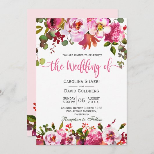 Invitation Boho Rose Aquarelle Florale Typographie Mariage (Devant / Derrière)