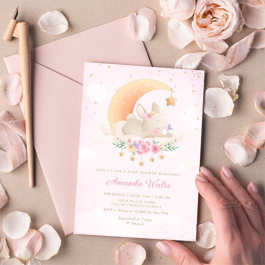 Invitation Boho rose Aquarelle mignonne Baby shower lapin fil