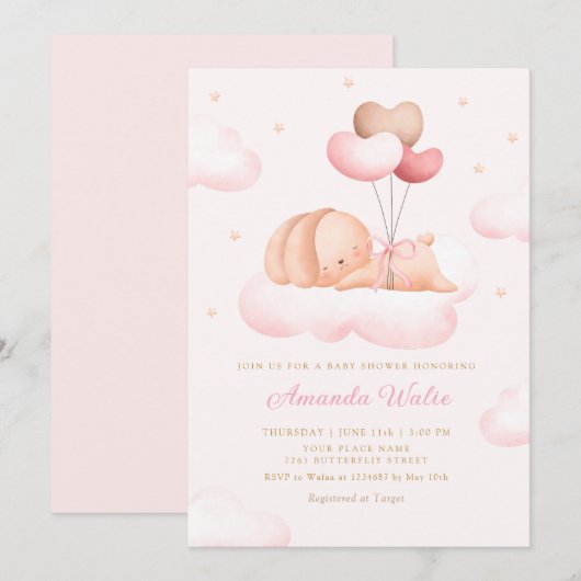 Invitation Boho rose Aquarelle mignonne Balloon Baby shower f (Devant / Derrière)