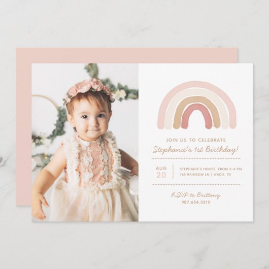 Invitation Boho rose arc-en-ciel fille fête d'anniversaire Ph (Devant / Derrière)