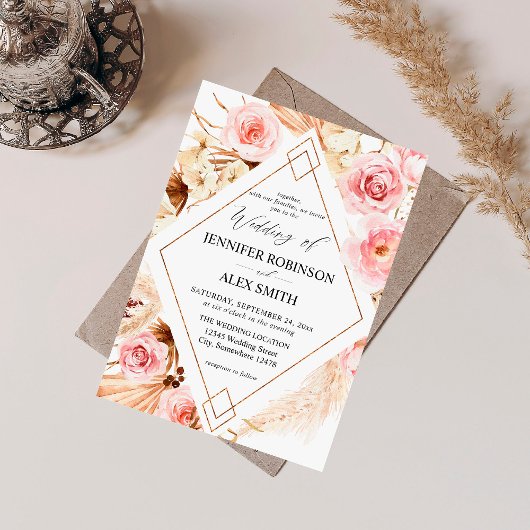 Invitation Boho rose & beige Floral Mariage or