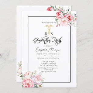 Invitation Boho Rose Black Frame RN Nurse Graduation Party