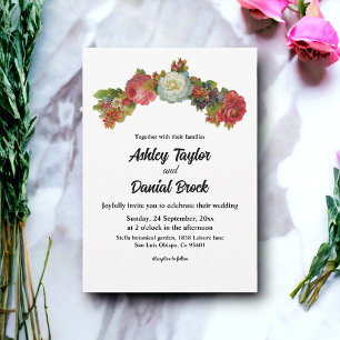 Invitation Boho rose blanc Roses rouges Floral Élégant Mariag
