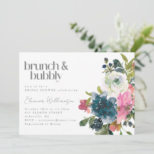 Invitation Boho Rose Bleu Floral Bridal Brunch Bubbly Douche