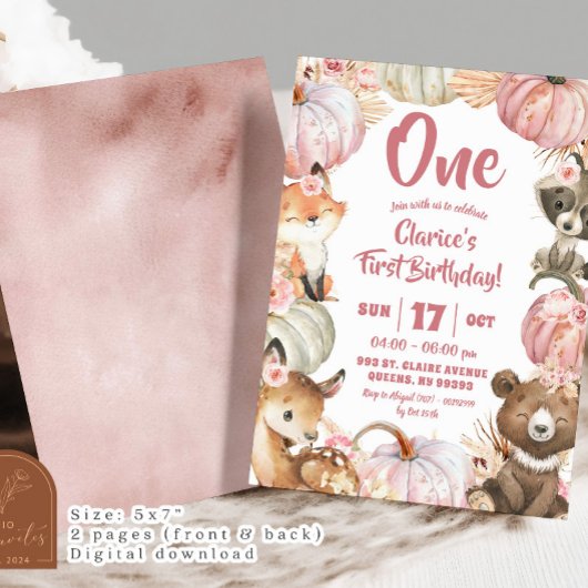 Invitation Boho rose bois Citrouille fille 1er anniversaire