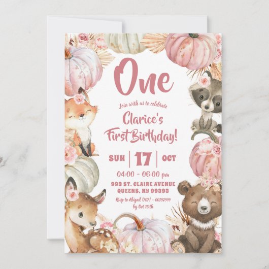 Invitation Boho rose bois Citrouille fille 1er anniversaire (Devant)