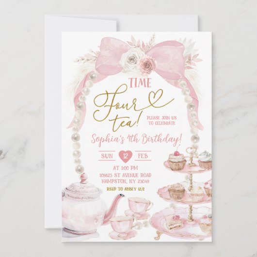 Invitation Boho Rose Bow Heure Quatre Tea Anniversaire (Devant)