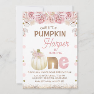 Invitation Boho rose Brown Floral Citrouille 1er anniversaire