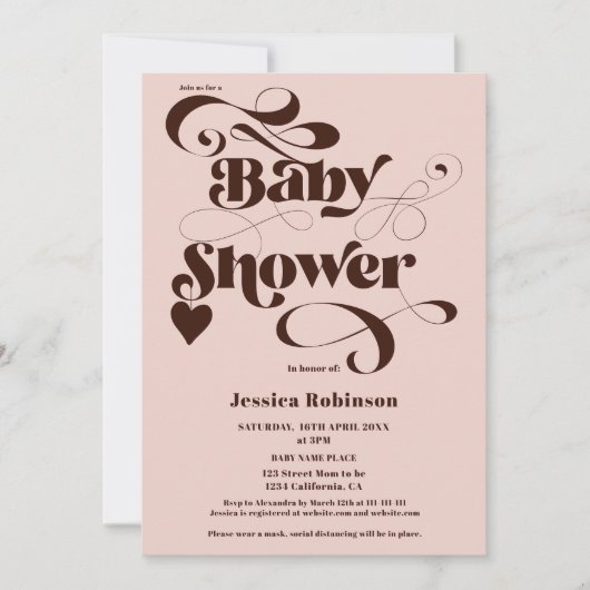 Invitation boho rose brun script baby shower gras (Devant)