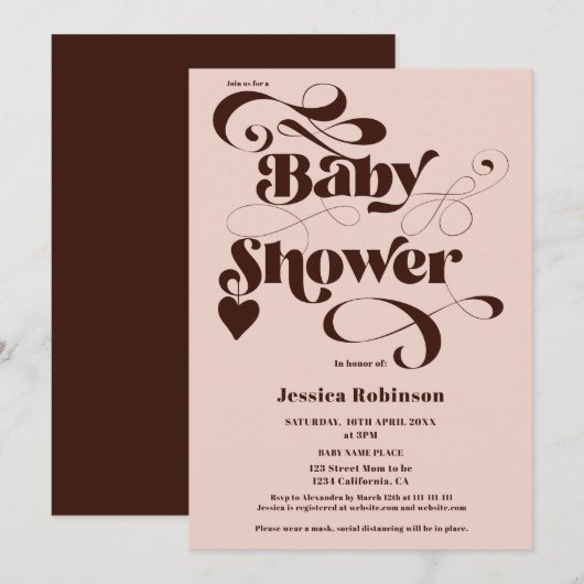 Invitation boho rose brun script baby shower gras (Devant / Derrière)