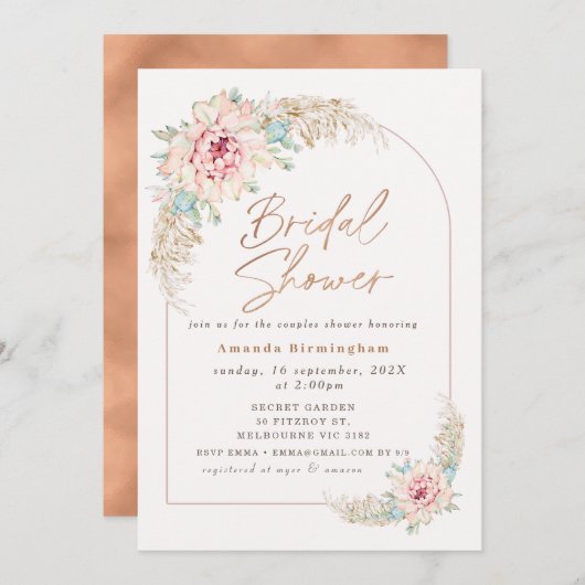 Invitation Boho Rose Cactus Rose Gold Mariage Douche Douche (Devant / Derrière)