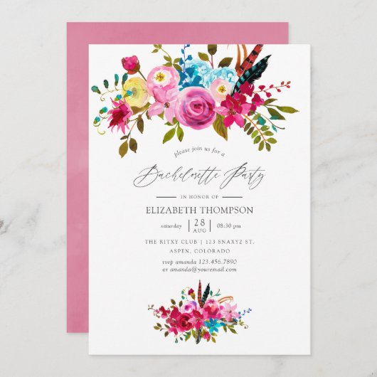 Invitation Boho Rose Chic Floral Bachelorette Party (Devant / Derrière)