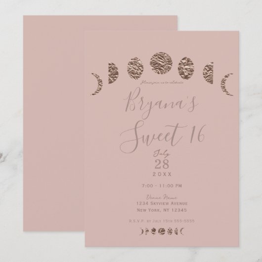 Invitation Boho Rose Clair Phases de Lune Fête Moderne de 16  (Devant / Derrière)