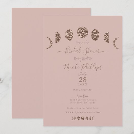 Invitation Boho Rose Clair Phases Lunaires Mariage Moderne Cé (Devant / Derrière)