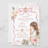 Invitation Boho Rose Coquette Herbe de Pampas Première Sainte (Devant)