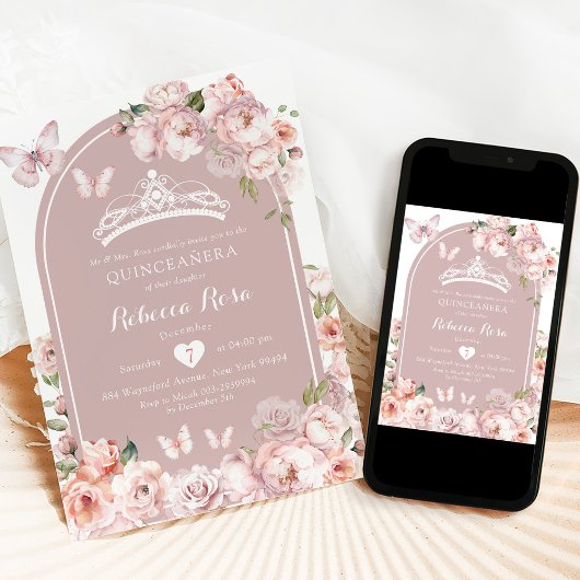 Invitation Boho Rose Couronne papillon Girl Mis Quince
