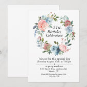 Invitation Boho rose et bleu, personnalisable 21e anniversair (Devant / Derrière)