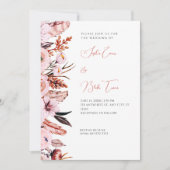 Invitation Boho rose et Brown Fleurs et plumes Mariage blanc (Devant)
