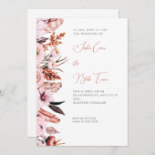 Invitation Boho rose et Brown Fleurs et plumes Mariage blanc (Devant / Derrière)