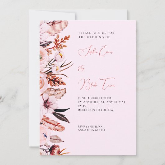 Invitation Boho rose et Brown Fleurs et plumes Mariage rose (Devant)